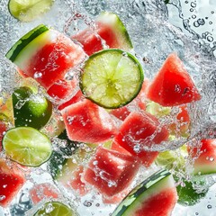 Wall Mural - Fresh watermelon and lime slices splash in water.