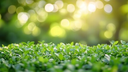 Wall Mural - A serene close-up of lush green foliage with a soft, glowing background, evoking tranquility and nature's beauty.