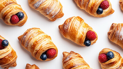 Canvas Print - A collection of freshly baked croissants filled with raspberries and blueberries on a white background. The croissants are golden brown and lightly dusted with powdered sugar.