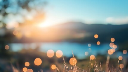 Canvas Print - A serene, blurred landscape at sunset with soft bokeh lights, evoking tranquility and natural beauty.