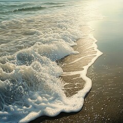 Poster - Gentle waves crashing on a sandy beach at sunset, creating a tranquil scene.