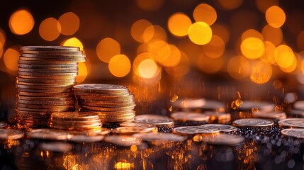 Wall Mural - A close-up view of stacked coins with a shimmering bokeh background, symbolizing wealth and investment.