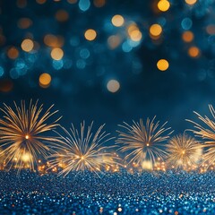 Wall Mural - Golden fireworks exploding over sparkling blue background.