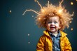 © Yury - Joyful Baby with Electrified Curly Hair Laughing Against Dark Background