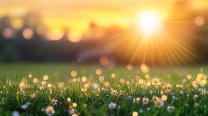 A serene sunset over a grassy field adorned with flowers, capturing the beauty of nature in a tranquil moment.