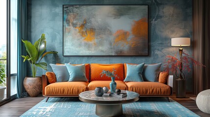 Modern living room interior with orange couch, abstract painting, and stylish decor, enhanced by greenery and natural light.