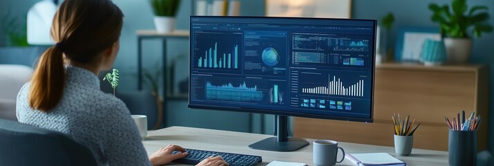 Fototapete - An expert concentrates on complex data analysis, surrounded by a well-organized desk with a computer, notepad, and coffee mug. Generative AI