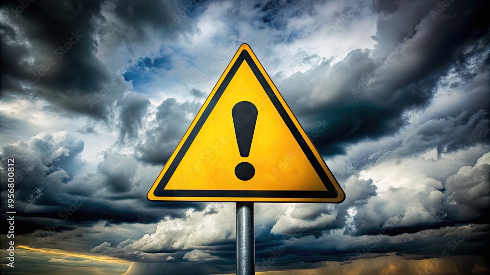 A bold, bright yellow warning sign with a black exclamation mark stands ...
