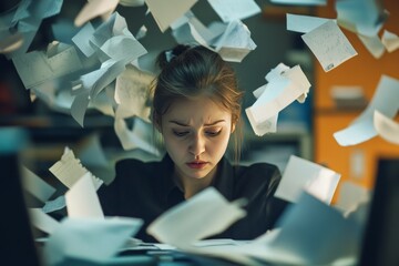 A stressed woman throws scraps of paper around the office, shredding documents with a frustrated facial expression