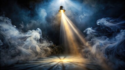 A bright spotlight cuts through a dark, hazy atmosphere, illuminating swirling tendrils of misty smoke that dance in the intense, golden-hued beam of light.