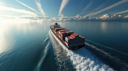 Wall Mural - Cargo container ship moving across the ocean, leaving a contrail. The ship is fully loaded with containers, reflecting the modern technology and effectiveness in freight shipping and export.