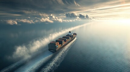 Wall Mural - Cargo container ship moving across the ocean, leaving a contrail. The ship is fully loaded with containers, reflecting the modern technology and effectiveness in freight shipping and export.