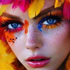 Wall Mural - Vibrant editorial makeup with bold colors and exaggerated lashes.