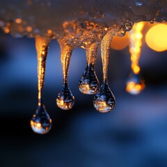 Canvas Print - Icicle melting, dripping water droplets, close-up, reflection, sunlight, winter, nature.