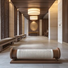 Poster - Modern hallway interior with wooden floors, benches, and a large scroll on a stand.