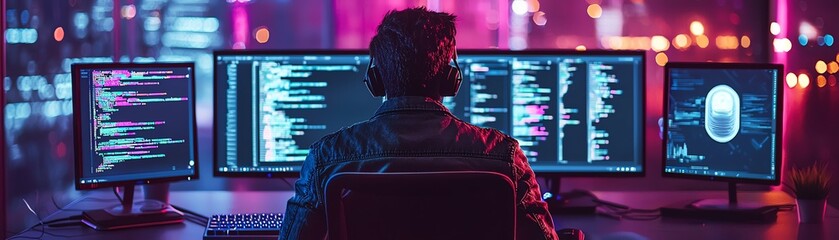 A focused programmer working on multiple monitors displaying code in a vibrant, modern tech environment.