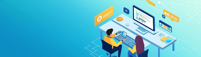 A modern workspace with developers collaborating on a project, showcasing technology and innovation in a vibrant environment.