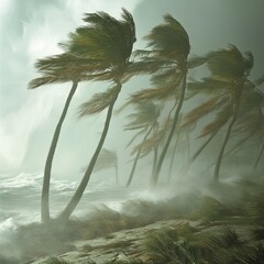 Sticker - Palm trees bend in the wind during a tropical storm with a misty sky and crashing waves.