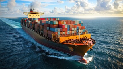 Cargo ship loaded with containers navigating the open sea. Emphasizes global logistics and the role of ocean freight in international shipping services.