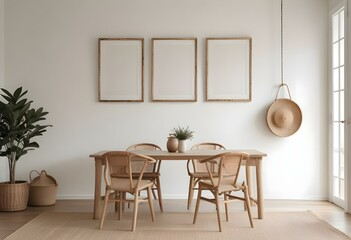 A minimalist dining room with a wooden table, two wicker chairs, and three empty frames on the wall.