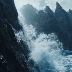 Wall Mural - Powerful waves crashing against rugged cliffs, creating a dramatic scene of nature's force.