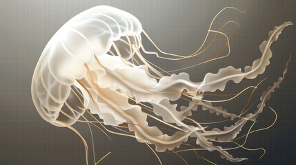 A serene depiction of a jellyfish with a smooth, creamy bell and delicate tentacles flowing around, isolated perfectly on a transparent background.