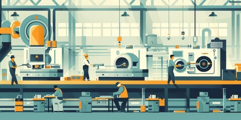 Aufkleber - Industrial manufacturing process with workers operating machinery, illustrating labor and industry