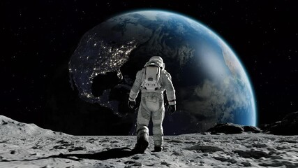 astronaut in spacesuit on planet in space on earth background. spaceman exploring surface moon in ex