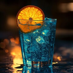 Sticker - Refreshing blue cocktail with an orange slice garnish, served on a bar counter with ice.