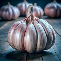 A close up. 3D rendered image of a single garlic bulb. showcasing its intricate texture and vibrant purple hue.