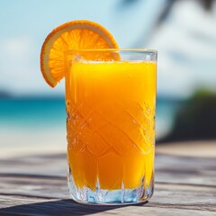 Wall Mural - Refreshing glass of orange juice with an orange slice on a wooden table.