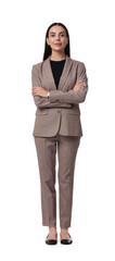 Wall Mural - Beautiful woman in beige suit on white background