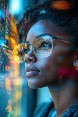 Wall Mural - IT Specialist,  A Black African American female IT specialist analyzing data in a high-tech environment with augmented reality elements and cyber security themes