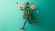 © Maria Mikhaylichenko - Whimsical Christmas tree character with legs running and juggling gifts, ornaments floating around on teal background. Festive holiday concept.