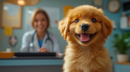 Wall Mural - whimsical veterinarian examining playful puppy vibrant clinic interior soft pastel colors gentle natural lighting heartwarming scene