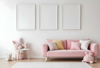 A cozy and minimalist children's room with a pink sofa, plush toys, and three empty white frames on the wall.