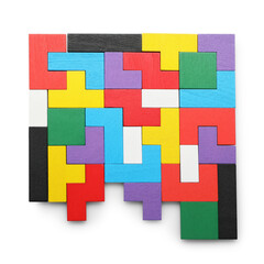 Wall Mural - Colorful wooden puzzle pieces isolated on white, top view