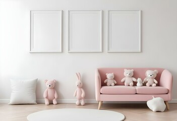 A cozy and minimalist children's room with a pink sofa, plush toys, and three empty white frames on the wall.