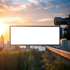 Blank video screen mockup with a sunset city skyline backdrop.