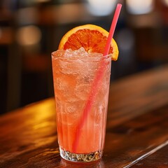 Wall Mural - Refreshing pink cocktail with orange garnish in a tall glass on a wooden table.