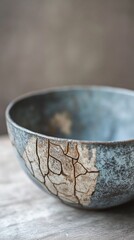 Wall Mural - Artisanal ceramic bowl with crackle glaze finish, showcasing a blend of rustic blue and earthy tones. Handcrafted pottery piece on wooden surface, close-up view.