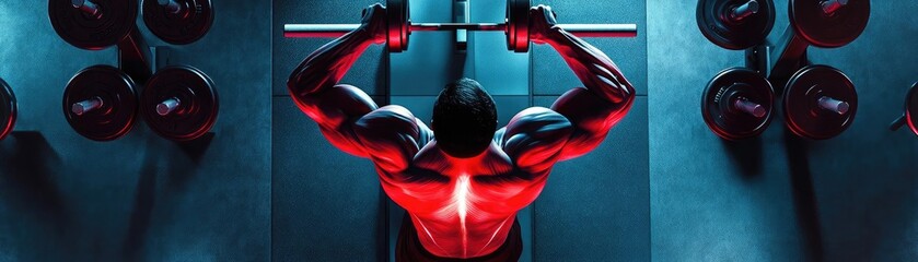 Powerful athlete lifting weights in a dynamic gym setting, showcasing strength and determination with dramatic lighting.