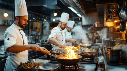 Sticker - Chefs in white uniforms and hats working in a busy, modern kitchen. They are cooking various dishes on stoves with visible flames and steam.