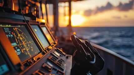 Wall Mural - Close-up of a cargo ship bridge and navigation equipment, highlighting the ship operational details and the view of the open sea in the background.