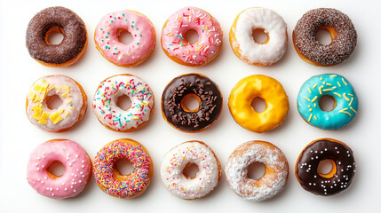 Lots of colorful bright sweet donuts in glaze with sprinkles. Delicious glazed donuts on a white background. Top view. generation AI