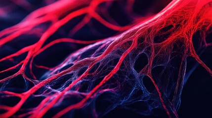 Abstract close-up of vivid red and blue vascular structures, illustrating intricate network and organic patterns for artistic uses.