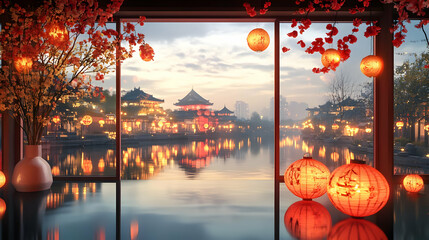 Wall Mural - 3D Glossy Window View of Mid Autumn Festival Celebration concept as A glossy window view overlooking a Mid Autumn Festival celebration with lanterns and decorations visible through the glass. The refl