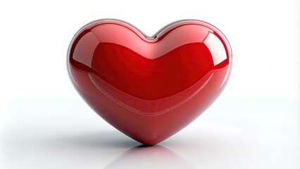 A glossy red heart shape sits upright on a pristine white background, symbolizing love, passion, and purity, with subtle shadows and highlights enhancing its contours.