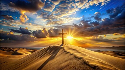 A golden Christian cross stands atop a sandy dune at sunset, symbolizing eternal life, hope, and faith, with a serene blue sky and wispy clouds.