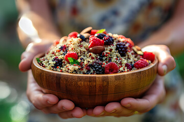 Close-up of hands holding a wooden bowl of cooked quinoa mixed with berries and nuts, with a blurred background.